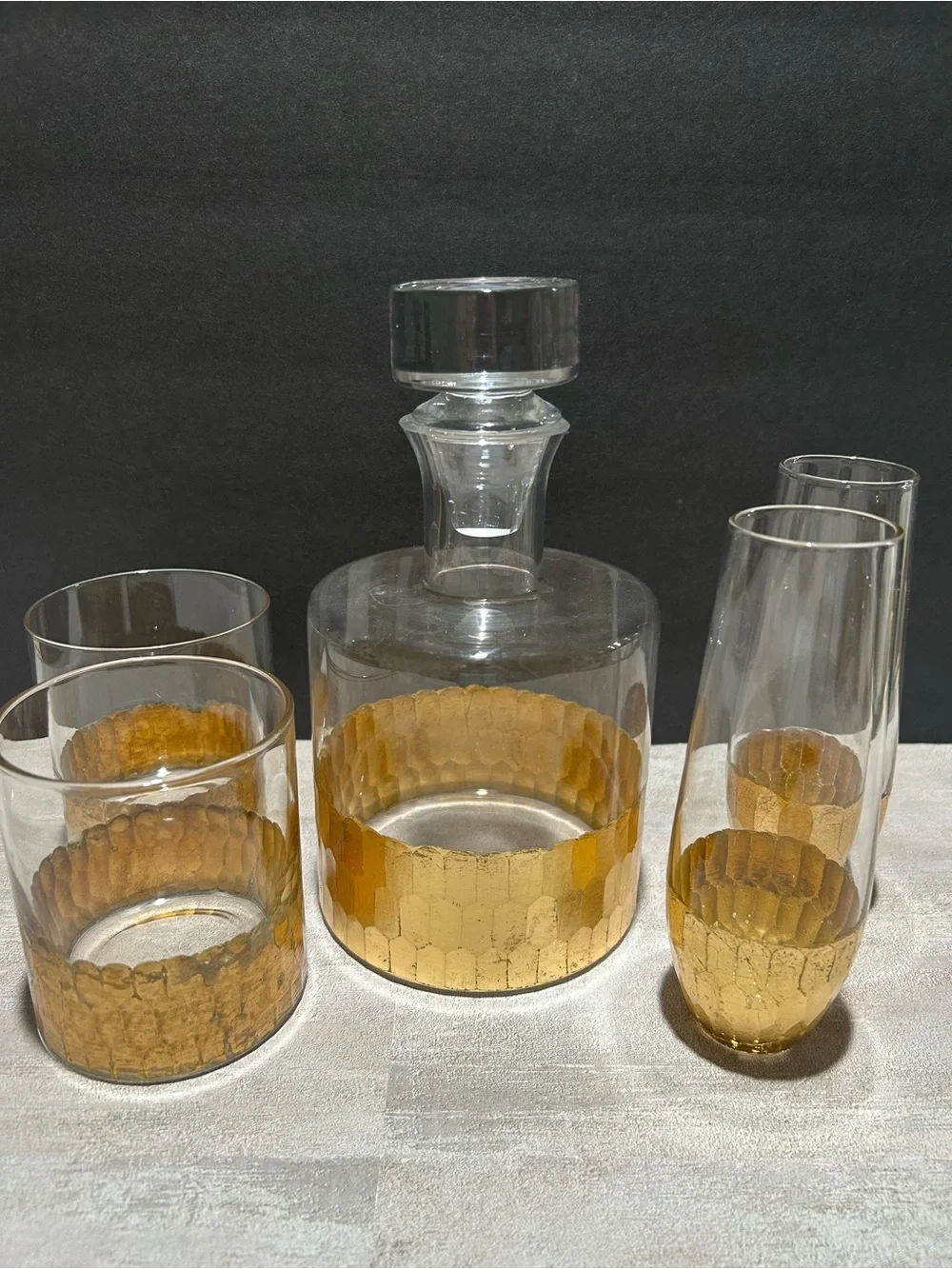 Gold Accent Glass Decanter Set - Elegant Honeycomb Band